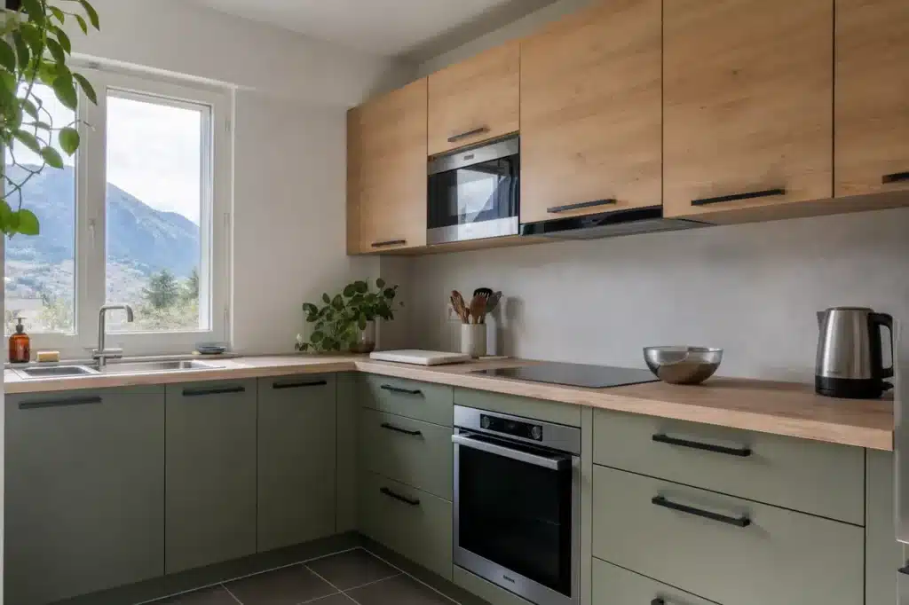 Cuisine vert sauge et bois dans un appartement savoyard