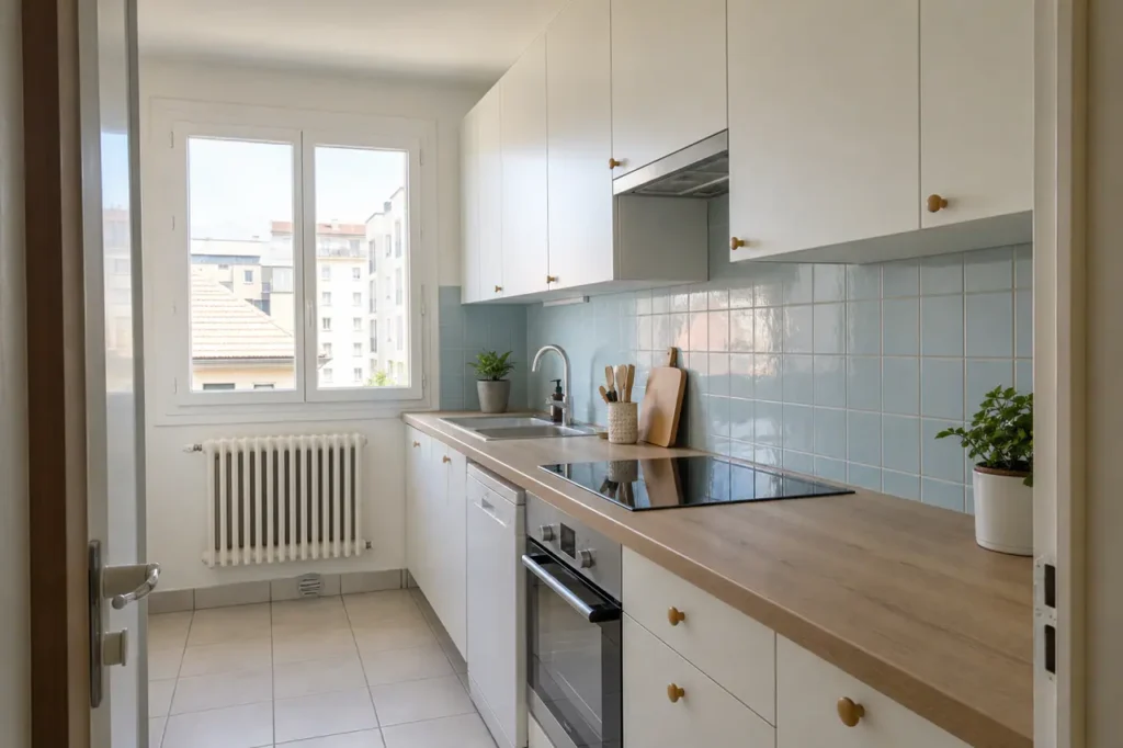 Cuisine compacte blanche et bois rénovée à Chambéry