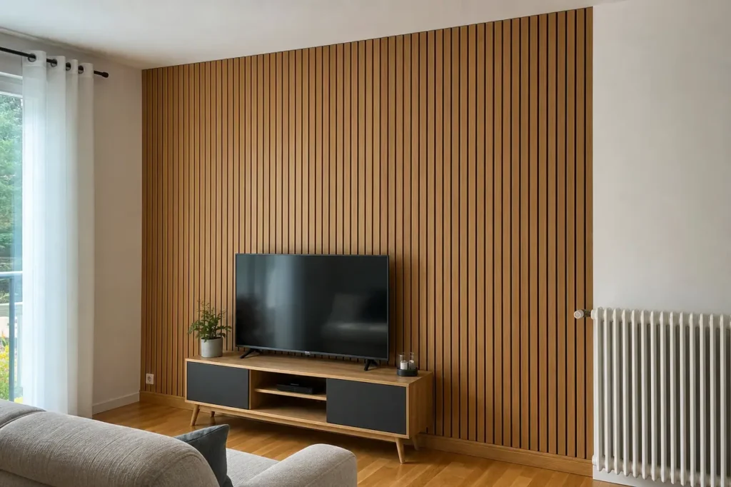 Mur de tasseaux en bois dans un salon familial